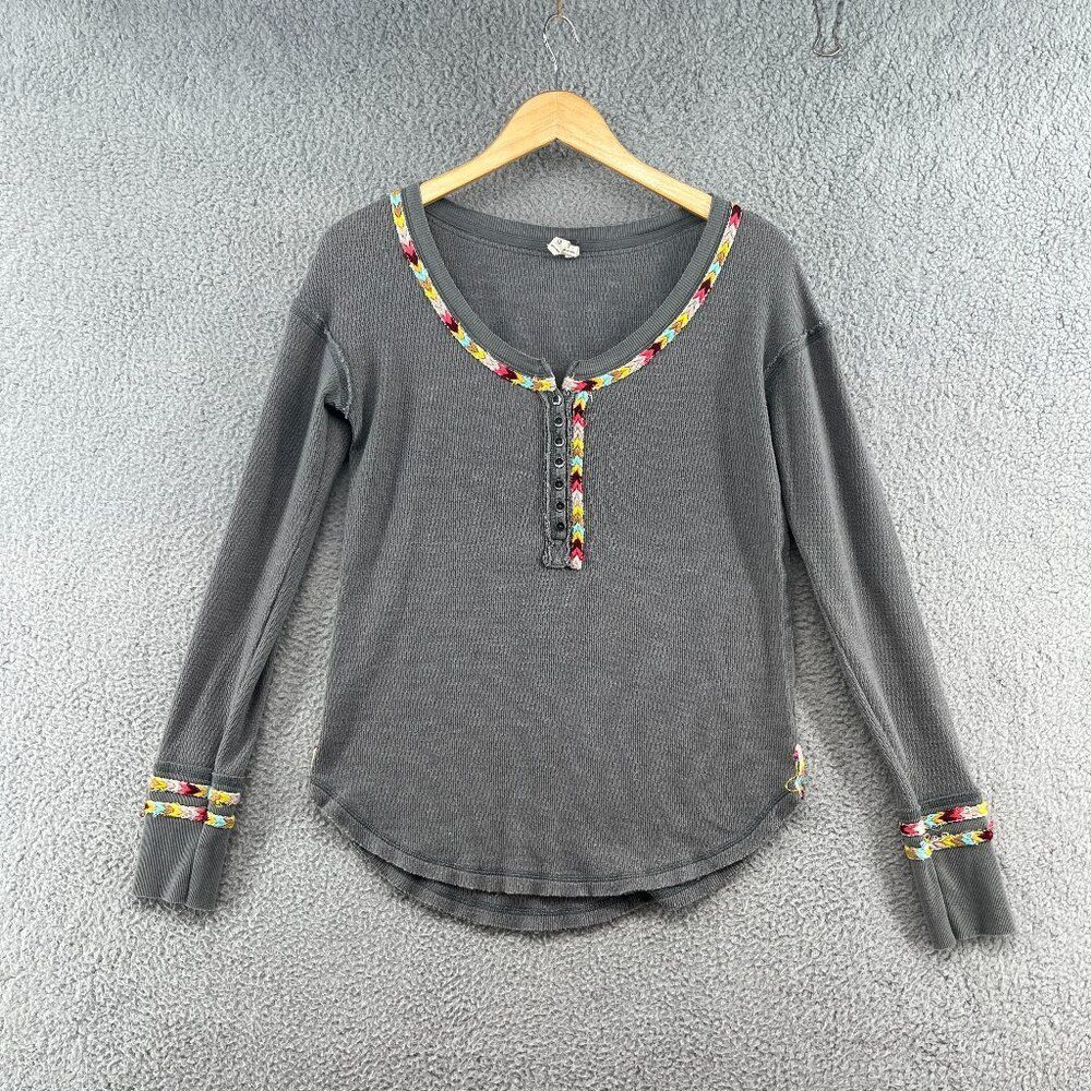 Free People Gray Long Sleeve Top with Multicolor Trim - Picture 3 of 15